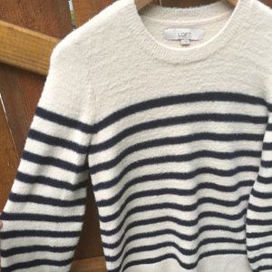 Loft Casmere Navy Blue Striped Long-Sleeved Crew Neck Sweater